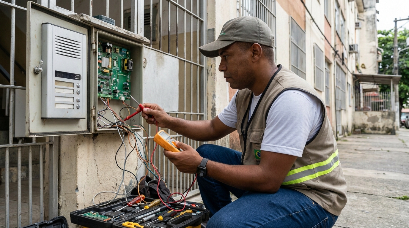 Eletricista consertando interfone em Londrina‑PR