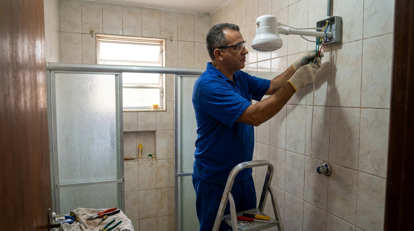 Eletricista instalando chuveiro eletrico em Londrina‑PR