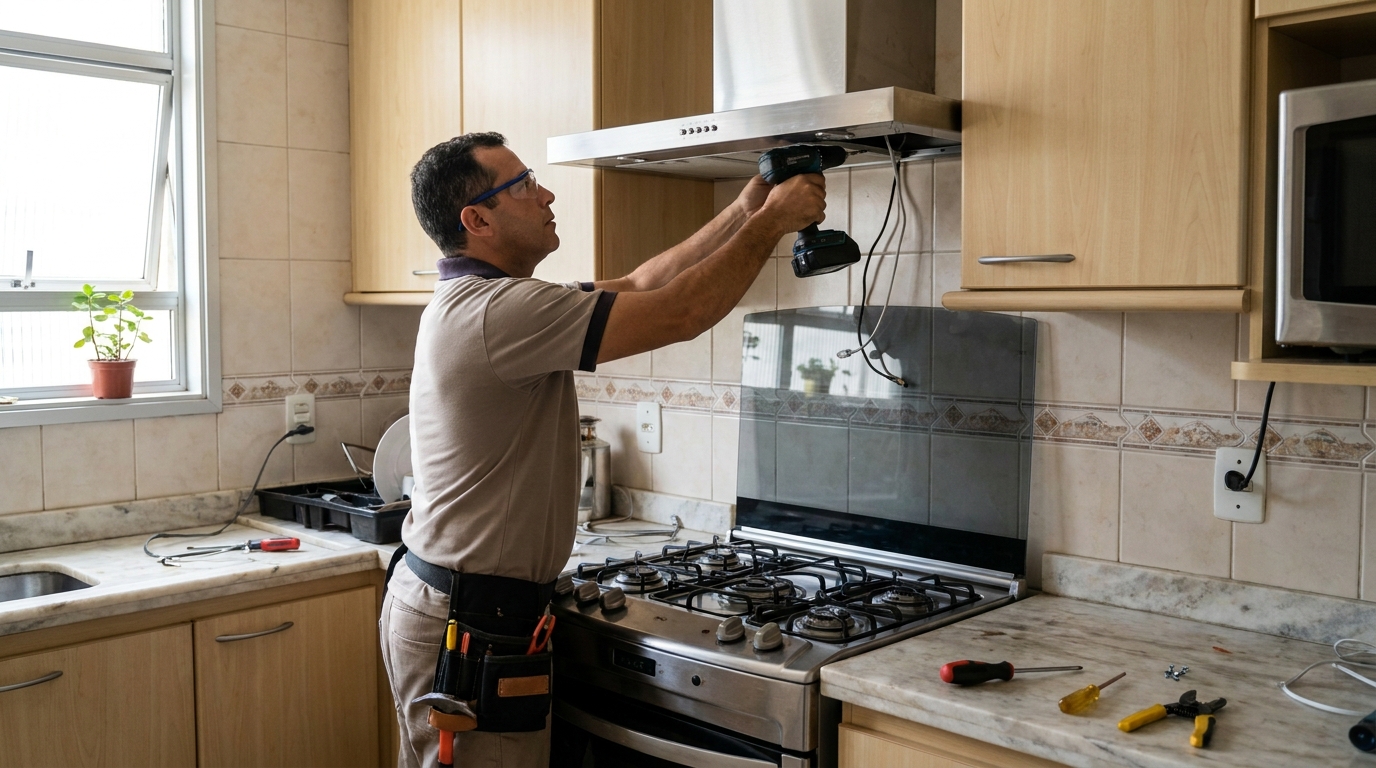 Eletricista instalando coifa em Londrina‑PR