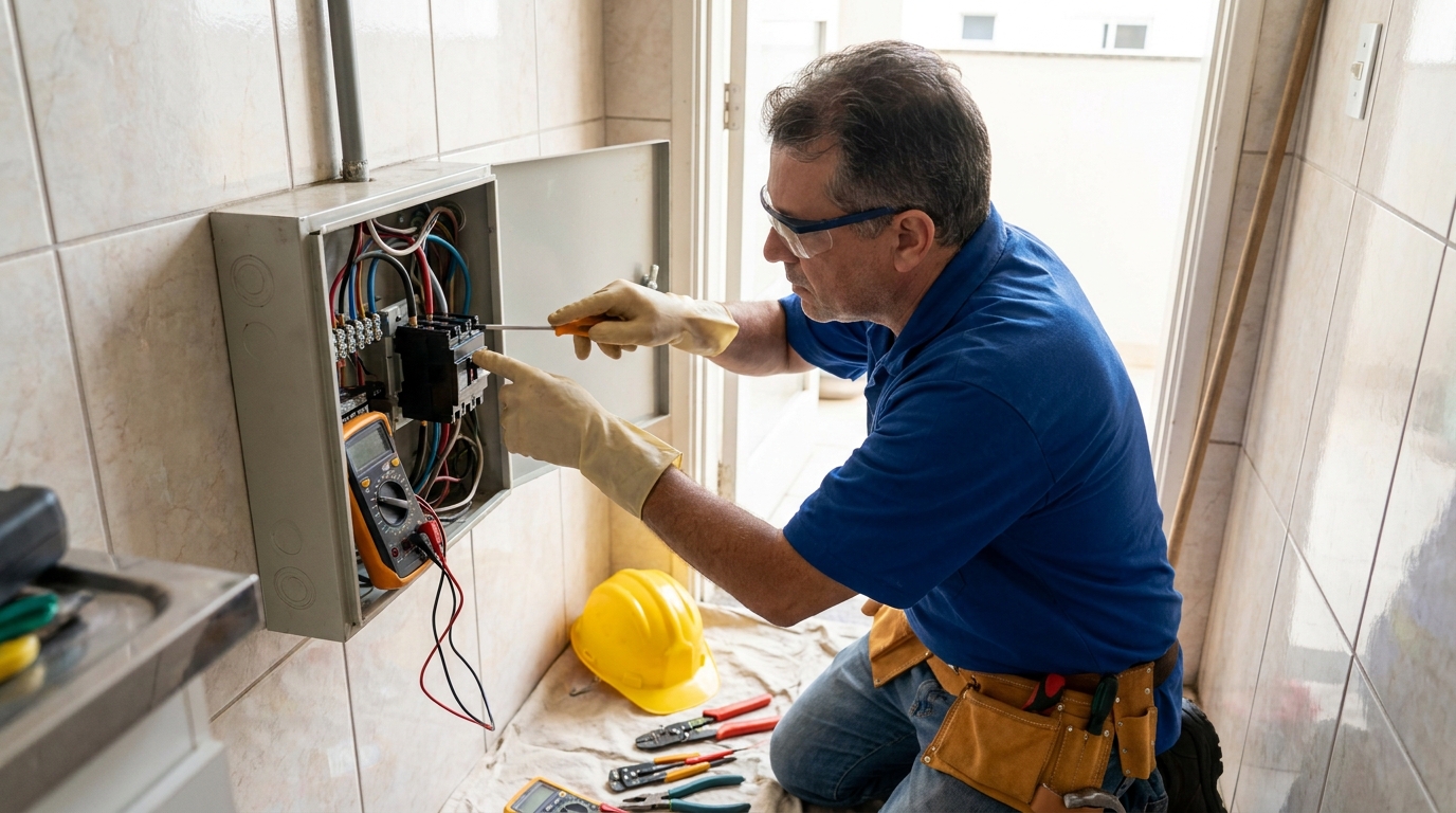 Eletricista instalando disjuntor em Londrina‑PR