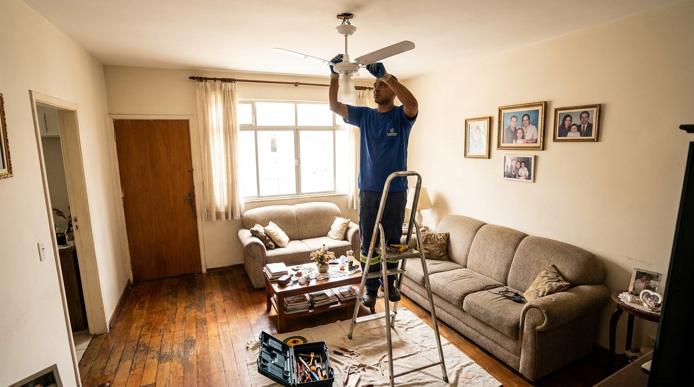 Eletricista instalando ventilador de teto em Londrina‑PR